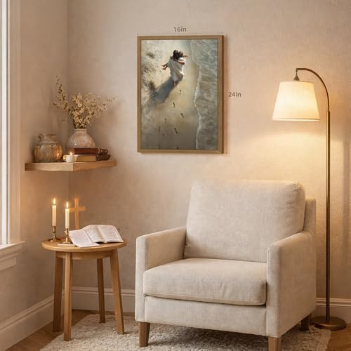 EisEver Jesus Hugging Woman Wall Art, Christian Beach Footprints Wall Decor, Inspirational Religious Faith Artwork, Jesus on Beach Canvas Painting for Church Prayer Room Wood Framed 12x16 Inch