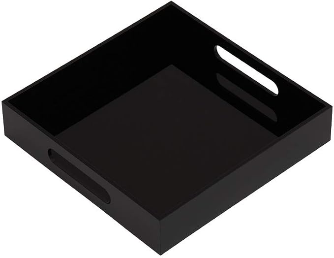 KEVLANG Glossy Black Sturdy Acrylic Serving Tray with Handles-10x10Inch-Serving Coffee,Food,Breakfast,Butler-Kitchen Countertop Tray-Makeup Drawer Organizer-Vanity Table,Ottoman Tray-Decorative Tray