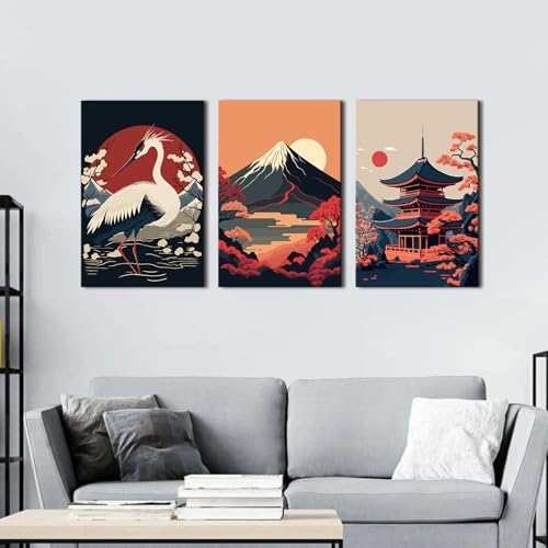 Vintage Japanese Canvas Wall Art Red and Black Japanese Posters Sunset Fuji Mountain Pictures Wall Decor White Crane Paintings Retro Asian Artwork for Living Room Office Home Decorations 16x24" 3Pcs