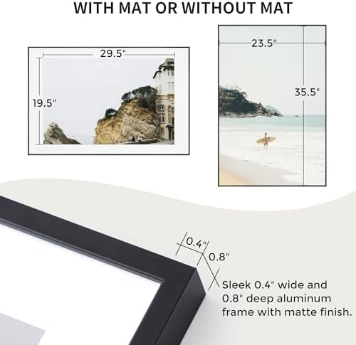 24x36 Metal Picture Frame with 20x30 Mat, Brushed Aluminum Finish, Tempered Glass Front, and Attached Hanging Hardware - Versatile Wall Display Frames for Vertical or Horizontal Orientation(Black,