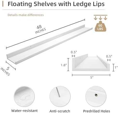 Acovy Picture Ledge Shelf, Wood Floating, Set of 2, 48 inch, White