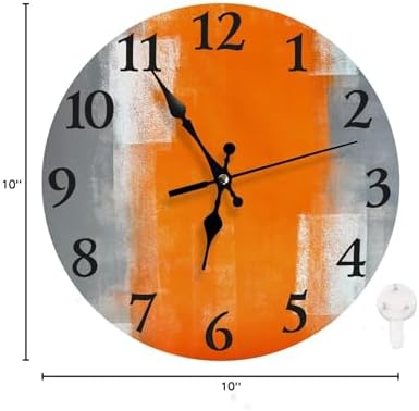 LOKMU Silent Non Ticking Clock 10 Inch,Round Wall Clock,Decorative for Living Room, Kitchen, Home,Bathroom, Bedroom, Office or School Grey and Orange Abstract Art Painting (Grey and Orange)