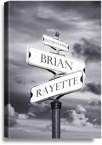 A&T ARTWORK Street Sign Black and White Canvas Prints Gift Your Names,the Date and romantic verses or write your own message Gift for Anniversary,Valentine's day,Wedding. 12X18 inches