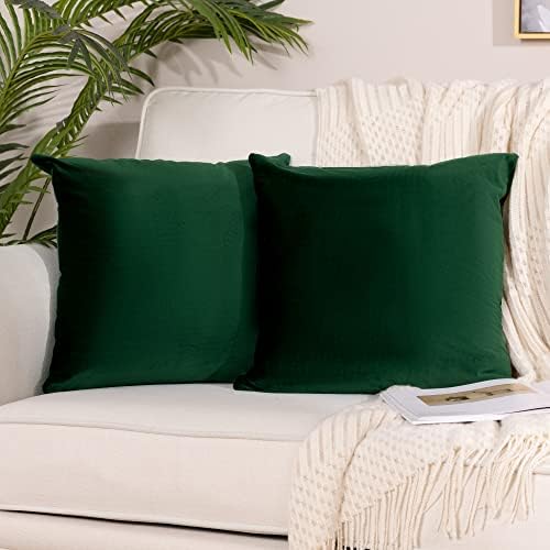 Stellhome Soft Decorative Velvet Cushion Covers Square Throw Pillow Covers for Bed Couch Sofa Bench, 20 x 20 inch (50 cm), Dark Green, Pack of 2 Solid Throw Pillow Case