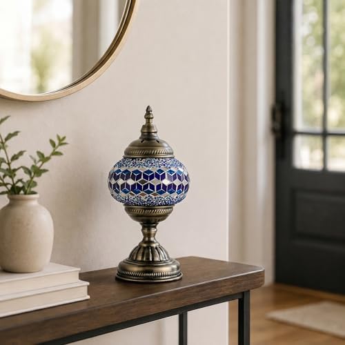 GOGERS Turkish Moroccan Table Lamp Lantern with Handmade Mosaic Glass Lampshade Tiffany Style Bohemian Stained Glass Decorative Desk Lamps Bedside Night Lights for Bedroom (Multiple Blues)