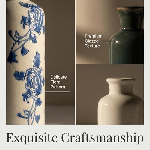 Ceramic Vintage Vase Set of 3, Blue and White Crackle Glaze, Chinoiserie Floral Decor for Farmhouse Shelf, Table Centerpiece, Mantel, Living Room & Office