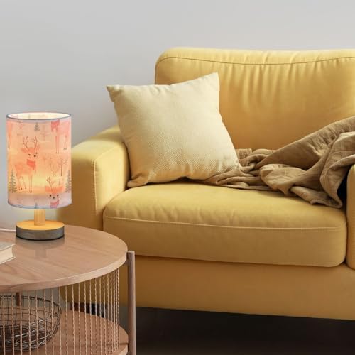 Winter Deer with Red Scarf Pine Tree Bedside Table Lamps with USB Port for Bedroom Lamp Table Lamp Small Nightstand Lamp Sturdy Linen Shade Wooden Decorative Lamps for Home Dorm Office Living Room