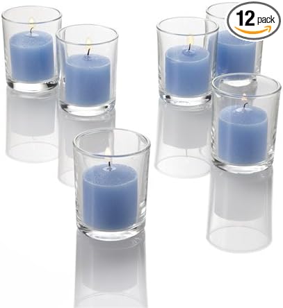 Set of 12 Richland Votive Candles Light Blue Unscented and 12 Clear Glass Eastland Votive Holders