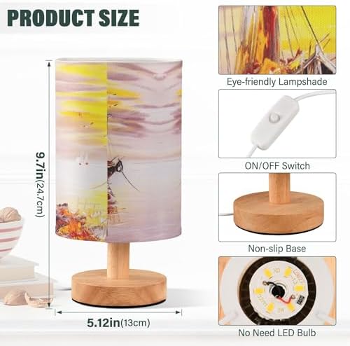 Table Lamp Venice Italy Sailboat Pirate Ship Sunset Ocean Nautical Nightstand Lamp with Wood Base Fabric Lamp Shade Bedside Desk Lamp for Living Room Bedroom Kids Room Office