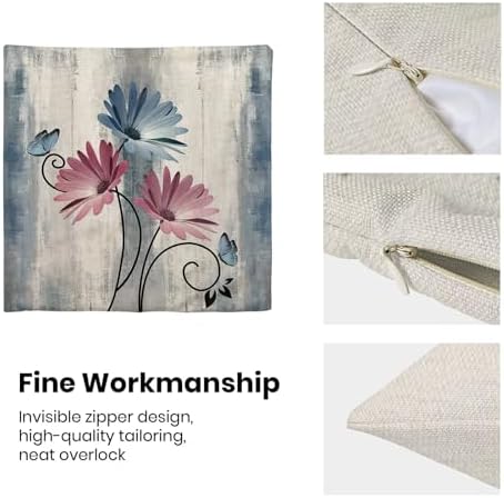 Blue Pink Floral Pillow Covers 18 x 18 Inch Set of 2 Daisy Floral Butterfly Decorative Throw Pillow Covers Linen Rustic Farmhouse Cushion Cases for Home Sofa Couch Living Room Decor