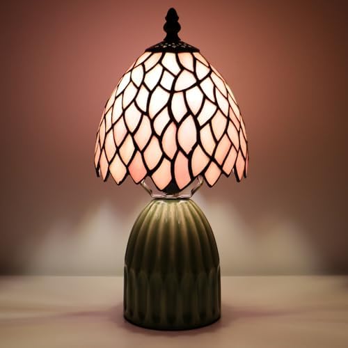 Tiffany Stained Glass Mushroom Table Lamp 12.5 Inch -Pink Leaf