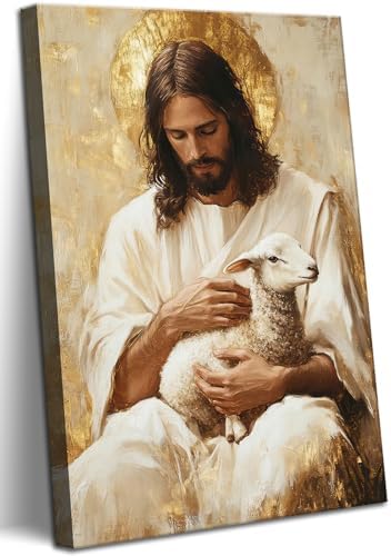 Jesus and Lamb Canvas Wall Art Jesus Saves the Lost Lamb Pictures Wall Decor God Leaving 99 Sheep Poster Prints Christian Religious Painting Artwork for Living Room Bedroom Church 12x16 Inch