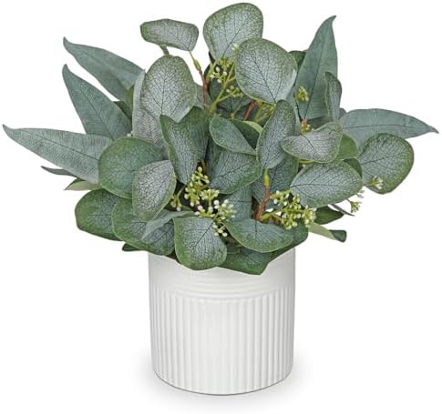 Artificial Plants Indoor with Pot, 11.8" Faux Eucalyptus Stems in Ceramic Vase for Table, Desk, Shelf, Small Fake Potted Plants Eucalyptus Leaves for Centerpieces, Living Room, Bathroom, Bedroom