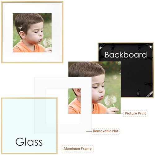 Frametory 2 Pack 12x12 Aluminum Frame with Mat for 8x8 Photo, Gold
