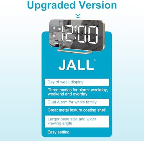 JALL Slim LED Digital Alarm Clock, Mirror Surface for Makeup, with Diming, Large Display, Easy Setting, USB Ports, Modern Decor for Bedroom, Desk, Gift for Women, Sister, College Girl, Black