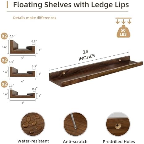 Acovy Floating Shelves Set of 6, 24 Inch Wall Mounted Picture Ledge Shelf with Lip, Walnut Display Shelves for Living Room, Bedroom, Nursery, Bathroom & Kitchen