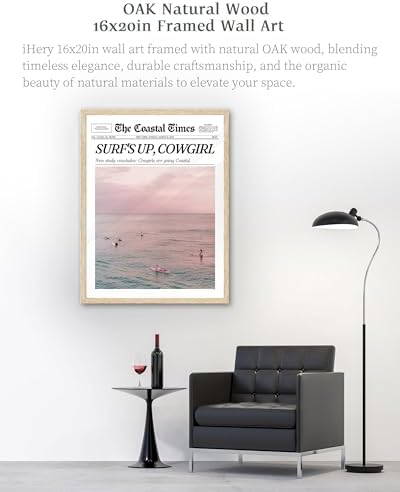 iHery 16x20in Surf’s Up Cowgirl Framed Newspaper Wall Art | Natural OAK Wood Frame with Canvas Print, Coastal Cowgirl Decor for Bedroom, Dorm, Living Room and Bar Cart, 1Pack