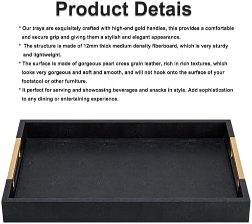 Black Faux Leather Large Square Tray with Handles – Decorative Serving for Coffee Table, Ottoman, Living Room & Bathroom