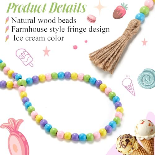 Equsion Rustic Wood Bead Garland with Tassel Farmhouse,Macaron Color