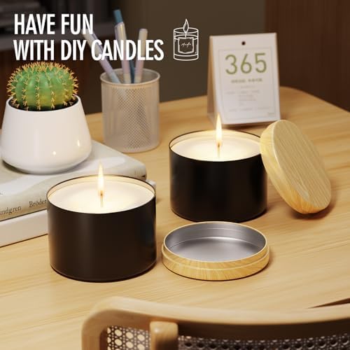 Empty Candles Tins 8 oz Candle Jars 24 pcs Candle Containers with Lid for Candle Making (Black-Woodgrain, 8oz)