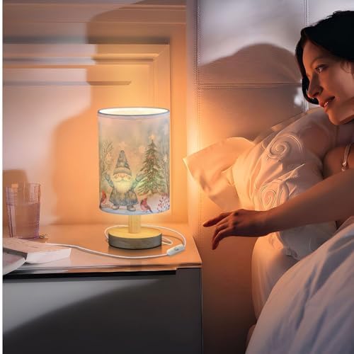 Winter Happy Gnomes Red Bird Xmas Tree Bedside Table Lamps with USB Port for Bedroom Lamp Accent Table Lamp Small Nightstand Lamp Sturdy Linen Shade Wooden Decorative Lamps for Home|Kids|Holiday