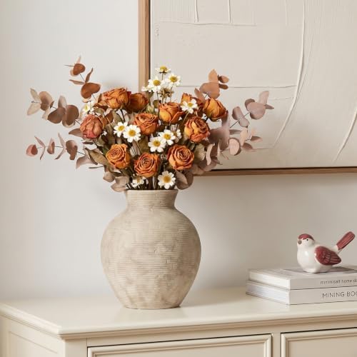 7.48 Inch Small Vintage Ceramic Flower Vase, Rustic Farmhouse Stone Texture Vase for Home Decor, Decorative Terracotta Vase for Entryway Table Centerpiece Living Room Bathroom (Rustic-7.48'')
