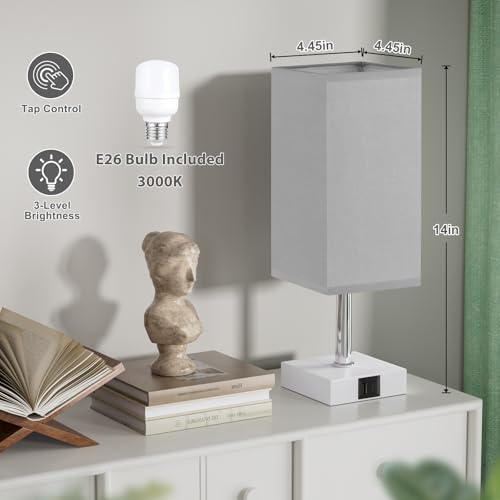 Touch Table Lamp for Bedroom - Dimmable, USB C+A, Grey Lamphade White Base