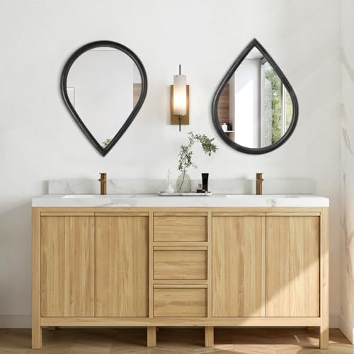 Wood Frame Mirror Black Teardrop Wall Mirror Farmhouse Rustic Decorative Irregular Wall Mirrors for Bathroom Living Room Vanity Entry Hall 16x20 Inch