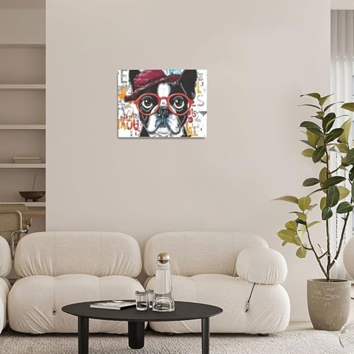 French Bulldog Decor Wall Art Funny Graffiti Dog Pictures Cute Puppy Canvas Prints Painting Pet Artwork English Bulldog Decorations for Bathroom Bedroom Living Room Framed Dog Lover Gifts 20"x24"