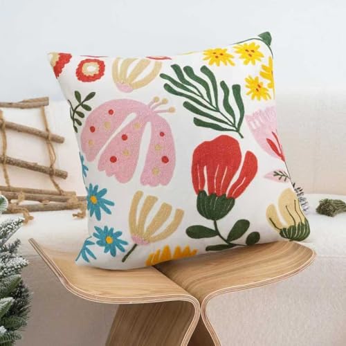 Embroidered Floral Boho Throw Pillow Cover 18x18 Inch - Decorative Cotton Pillow Case for Couch, Sofa, Bedroom, Living Room - Farmhouse Home Aesthetic Housewarming Gifts (Mixed Floral, 18" x 18")
