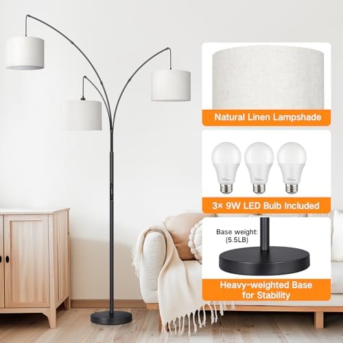 OUTON Arc LED Floor Lamp with Remote & Touch Control, Dimmable Modern Black 3 Light Arched Tall Floor Lamp, Mid Century Adjustable Standing Corner Lamps for Bedroom, Office, Living Room