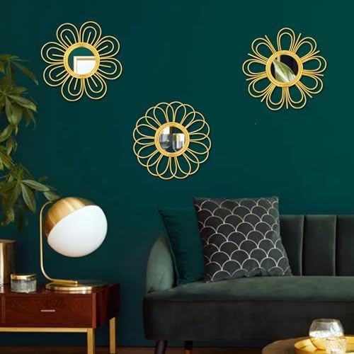 Gold Mirrors 3 Piece, 9 inch Flower-Indoor Shaped Mirror Hanging Wall Decor | Indoor Decorative Mirror Wall Art,Round Mirrors for Bedroom Wall Hanging,Living Room,Bathroom,House Warming Festival Gifts