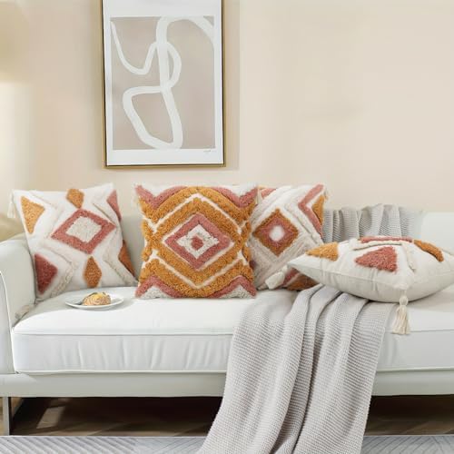 Merrycolor Boho Throw Pillow Covers 20x20 with Tassels, Decorative Pillow Covers Woven Tufted Bohemian Pillow Covers for Couch Sofa Bedroom Living Room