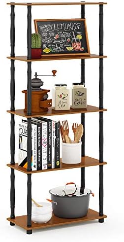 Furinno TURN-S-TUBE Storage Shelves, 5-Tier Book Shelf, Corner Shelf, Toolless Open Shelves, Classic Tubes, for Organization and Storage, Living Room, Garage, Home Office, Light Cherry