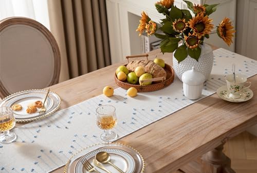 Boho Table Runner 13 x 108 Inch Long Natural Cotton Woven Runner with Tassels for Home Dining Table décor, for Modern Farmhouse Decor Coffee Table Runner, Light Blue and Beige