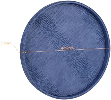 HofferRuffer Round Serving Tray 20'', Elegant Faux Leather Circle Ottoman Table Tray, Serve Tea Coffee Breakfast in Bedroom Living Room Kitchen (Blue, 20")