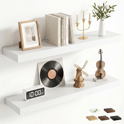 FLYJOE 27.5 Inch Floating Shelves for Wall Set of 2, 6.5" D Wood Grain Bathroom Shelves with Invisible Brackets, Easy Install Engineered Wood Storage Shelves for Kitchen, Living Room, Bedroom
