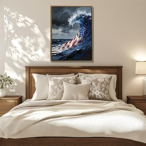 American Flag Framed Canvas Wall Art, 4th of July Patriotic Canvas Prints | USA Flag Ocean Waves Abstract Poster Print, Independence Day Wall Decor for Bedroom Living Room Office 11×14in