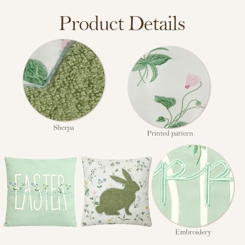 DN DECONATION Easter Pillow Covers 18x18 Inch, Spring Throw Pillow Covers Set of 2, Farmhouse Decorative Lumbar Pillows Case for Couch, Sofa, Living Room, Easter Home Green Bunny Decor