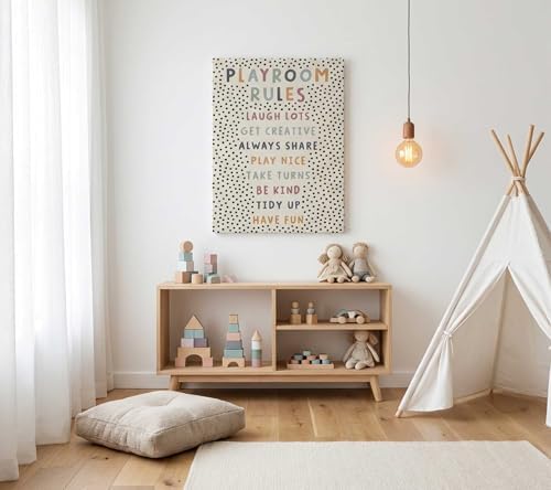 Kids Playroom Canvas Wall Art, Neutral Playroom Rules Painting Picture Wall Decor, Boho Classroom Educational Poster Print Artwork for Classroom, Nursery, Toddler Home Decoration, 16x24in Framed