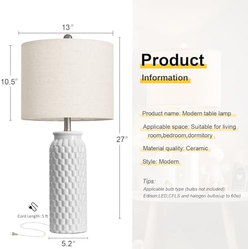 USumkky 27" Ceramic Table Lamps Set of 2 - Modern Farmhouse & Boho Style, Bedside Nightstand Lamps for Bedroom, Living Room End Table Lamps, Small Desk Lamp(White)