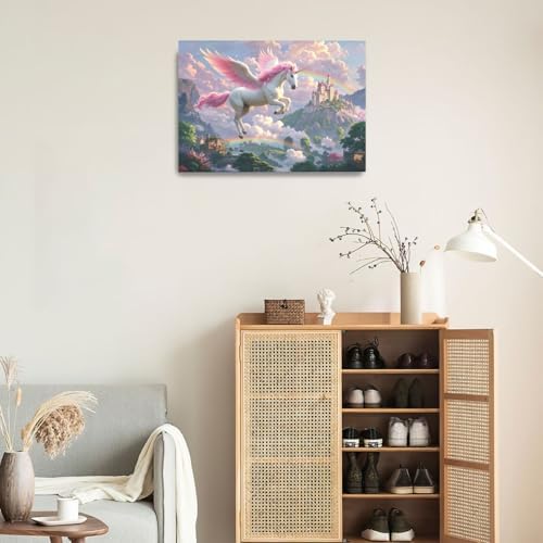 Crekviy Pink Unicorn Wall Art Fantasy Unicorn Bedroom Decor for Girls Magical Canvas Prints Painting Pictures Artwork Decorations for Nursery Room Bathroom Framed Kids Gifts 16"x24"