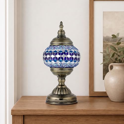 GOGERS Turkish Moroccan Table Lamp Lantern with Handmade Mosaic Glass Lampshade Tiffany Style Bohemian Stained Glass Decorative Desk Lamps Bedside Night Lights for Bedroom (Multiple Blues)