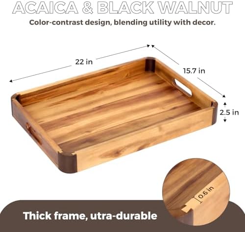 22 x 15.7 Inch Large Acacia Wood Serving Tray with Handles, Extra Spacious Decorative Wooden Tray with Dark Walnut-Tone Curved Corner Accents for Coffee Table, Ottoman & Kitchen Counter