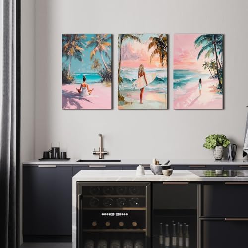 Trendy Pink Beach Canvas Wall Art Abstract Coastal Wall Decor Preppy Yoga Girls Canvas Pictures Aesthetic Ocean Seascape Painting Artwork for Girls Bedroom Bathroom Home Decorations 16x24" 3Pcs