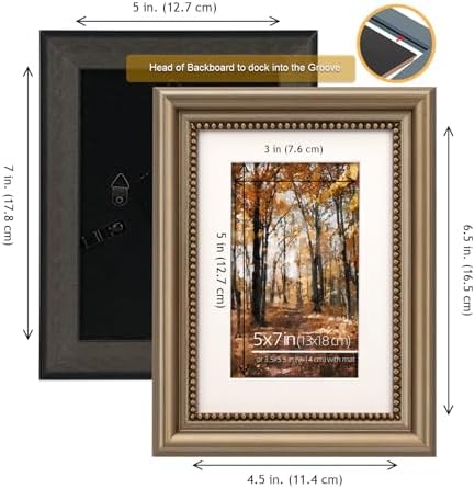 5x7 Wooden Ornate Champagne Brass Picture Frames,Beaded Inner Border, Wall Mount/Table Top, Mat for 4x6 Photos, Set of 2