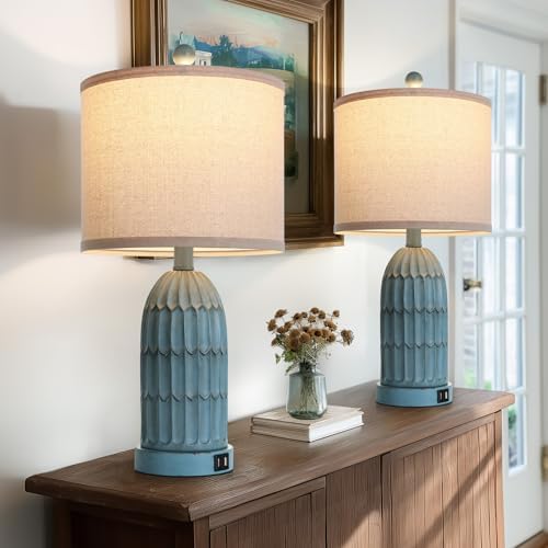 Cinkeda Coastal Table Bedside Lamps Set of 2, Farmhouse 3-Way Dimmable Touch Nightstand Lamp with 2 USB Charging Ports, Vintage Bedside Lamp for Bedroom Living Room End Table Retro Blue