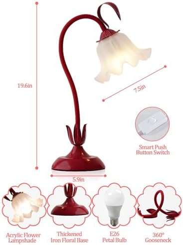 Flower Table Lamp, LED Reading Light Bedside Vintage Night Light (Red)