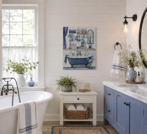 Navy Blue Bathroom Rules Canvas Wall Art Blue Farmhouse Toilet Painting Picture Wall Decor Poster Prints Artwork for Washroom Lavatory Home Decoration