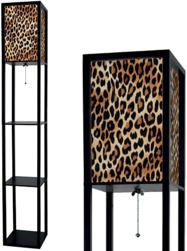 Standing Lamp with Shelves Tall Leopard Skin Stylish Blouse Leopard Skin Theme Modern Wood Corner Lamp for Bedroom Living Room Office Floor Lamp Mid Century Room Decor